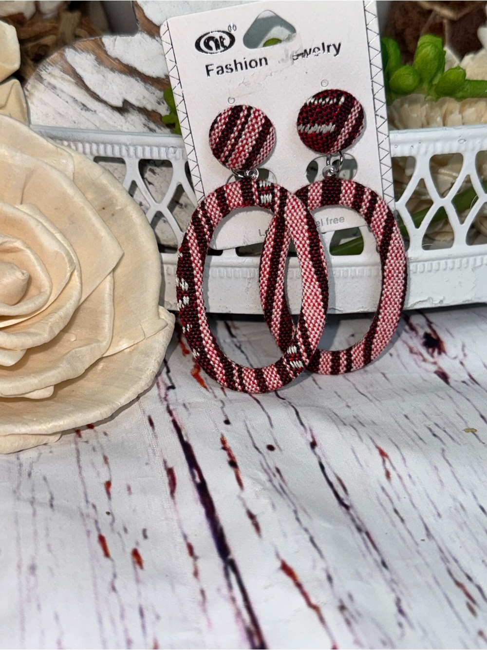 Boho Fabric Wrapped Oval Drop Earrings Red Pink Striped Statement Earrings
